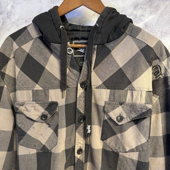 So Cal Button Up Jacket Mens XL Plaid Insulated Hoodie Embroidered Grunge Y2K - Picture 3 of 14